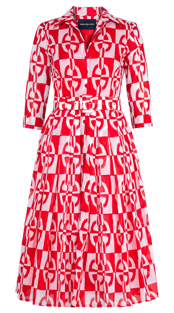 Audrey Dress #4 Shirt Collar 3/4 Sleeve Midi Length Cotton Musola (Geometric Chain)