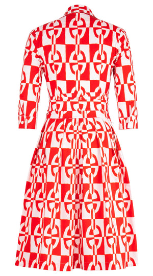 Audrey Dress #4 Shirt Collar 3/4 Sleeve Long Length Cotton Stretch (Geometric Chain)
