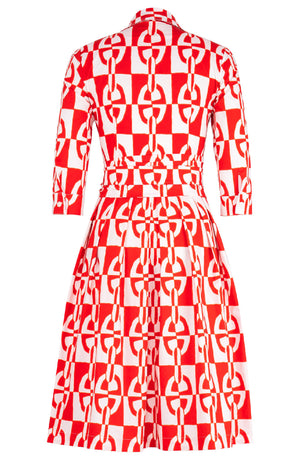 Audrey Dress #4 Shirt Collar 3/4 Sleeve Long Length Cotton Stretch (Geometric Chain)