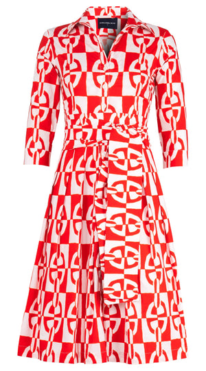 Audrey Dress #4 Shirt Collar 3/4 Sleeve Long Length Cotton Stretch (Geometric Chain)