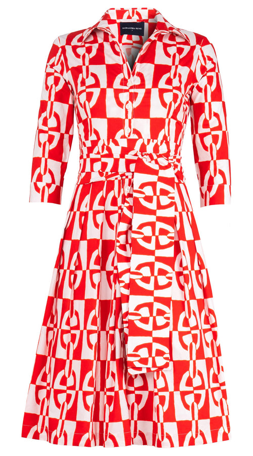 Audrey Dress #4 Shirt Collar 3/4 Sleeve Long Length Cotton Stretch (Geometric Chain)