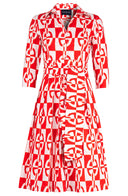 Audrey Dress #4 Shirt Collar 3/4 Sleeve Long Length Cotton Stretch (Geometric Chain)