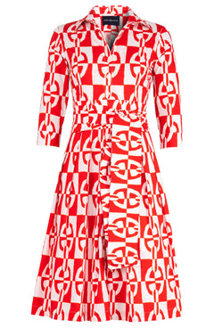 Audrey Dress #4 Shirt Collar 3/4 Sleeve Long Length Cotton Stretch (Geometric Chain)