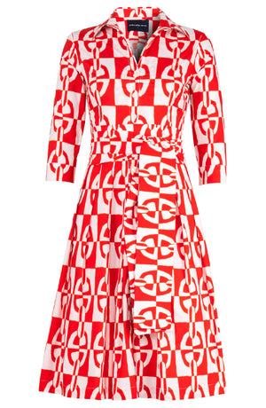 Audrey Dress #4 Shirt Collar 3/4 Sleeve Long Length Cotton Stretch (Geometric Chain)