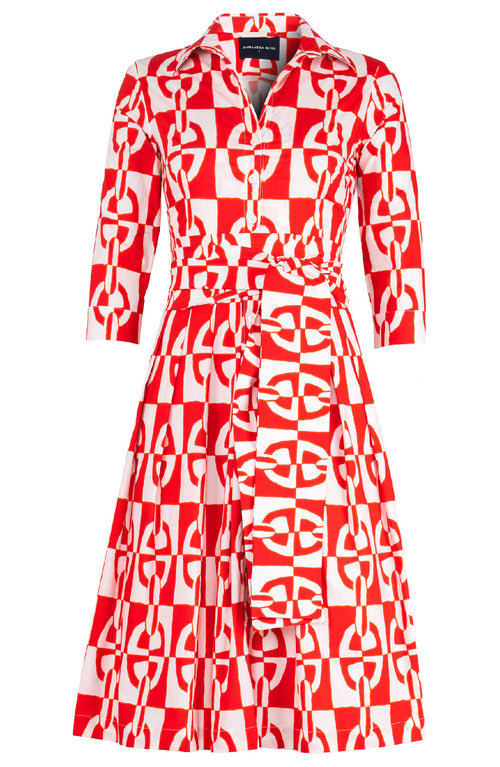 Audrey Dress #4 Shirt Collar 3/4 Sleeve Long Length Cotton Stretch (Geometric Chain)