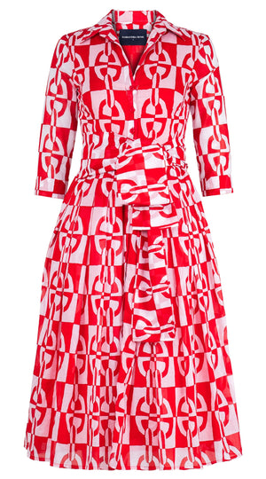 Audrey Dress #4 Shirt Collar 3/4 Sleeve Midi Length Cotton Musola (Geometric Chain)