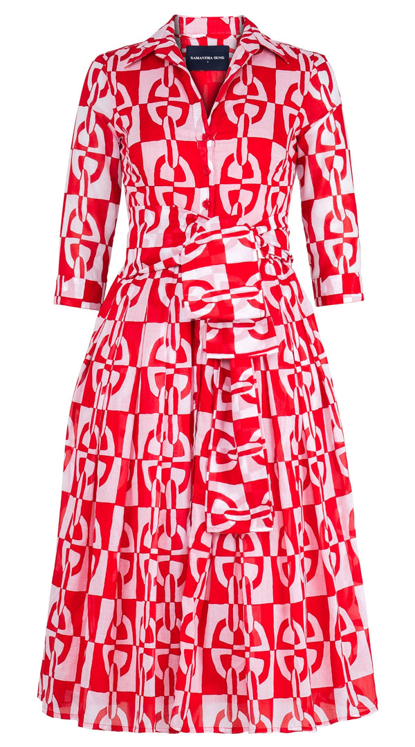 Audrey Dress #4 Shirt Collar 3/4 Sleeve Midi Length Cotton Musola (Geometric Chain)