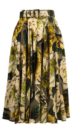 Aster Skirt #1 with Belt Midi Length Wool (Giant Poppy Dark) - Beige Mustard