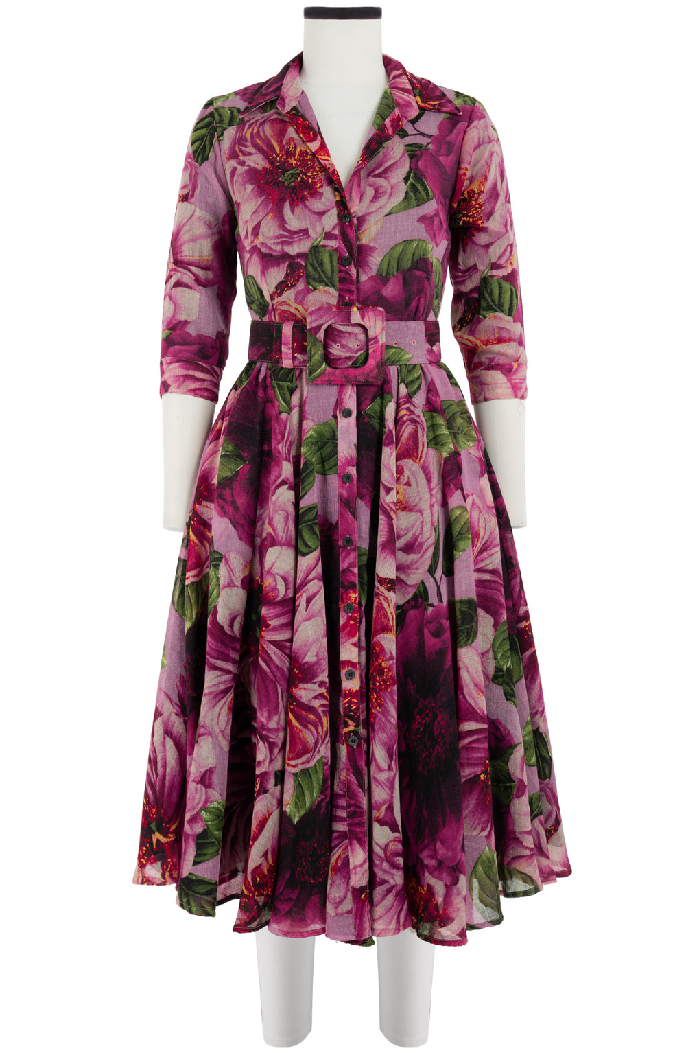 Aster Dress Shirt Collar 3/4 Sleeve Midi Length Wool (Giant Poppy) - Dusty Pink
