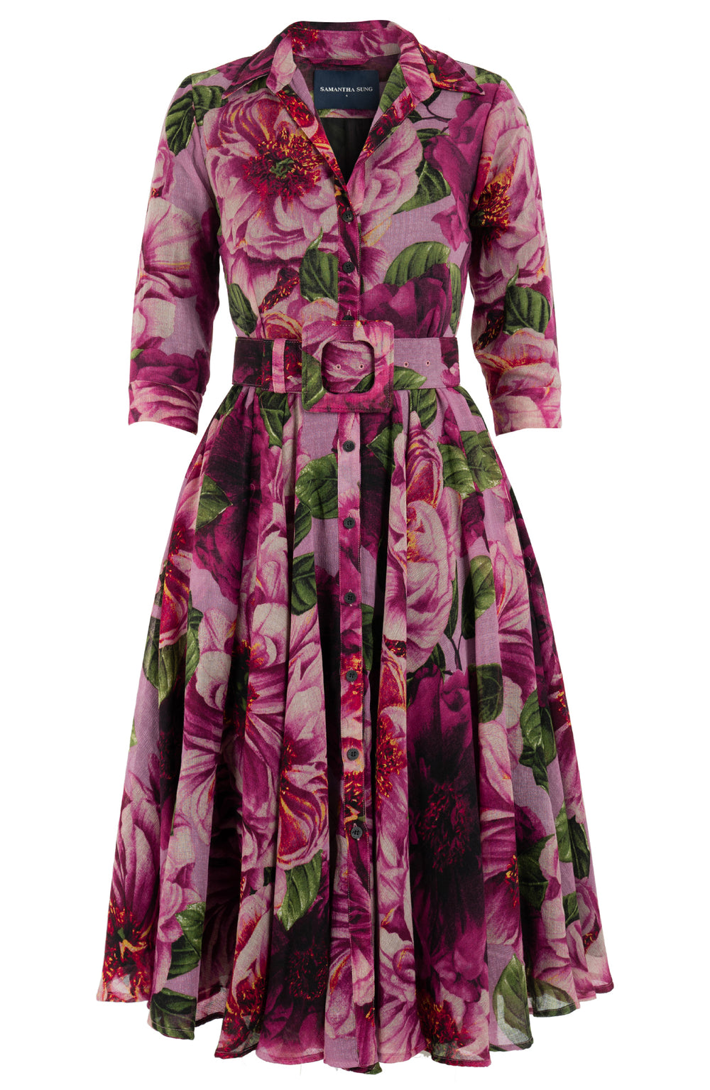 Aster Dress Shirt Collar 3/4 Sleeve Midi Length Wool (Giant Poppy) - Dusty Pink