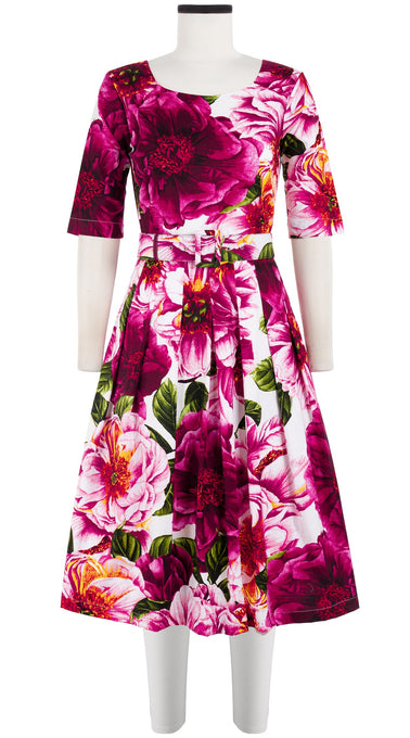 Florance Dress #3 Boat Neck 1/2 Sleeve Long Length Cotton Stretch (Giant Poppy White)