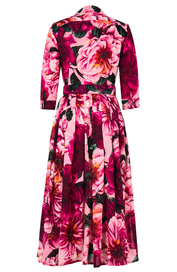 Audrey Dress #4 Shirt Collar 3/4 Sleeve Midi Plus Length Wool (Giant Poppy) - Dusty Pink