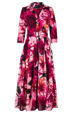 Audrey Dress #4 Shirt Collar 3/4 Sleeve Midi Plus Length Wool (Giant Poppy) - Dusty Pink