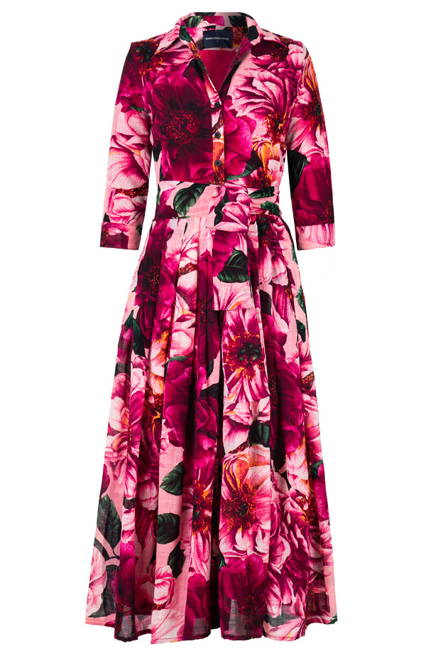 Audrey Dress #4 Shirt Collar 3/4 Sleeve Midi Plus Length Wool (Giant Poppy) - Dusty Pink