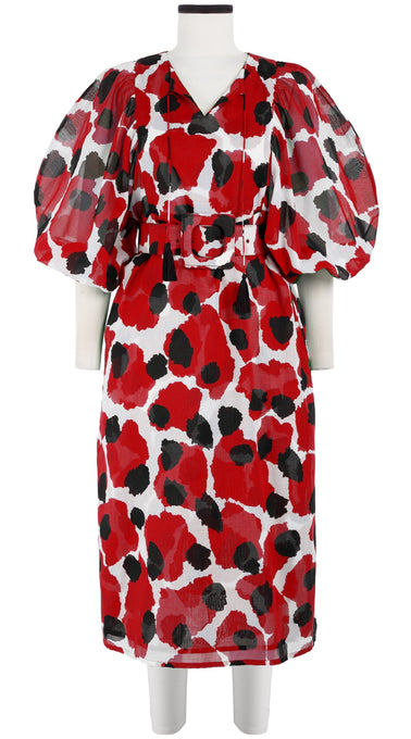 Anastasia Dress Crew Neck Slit 3/4 Puff Sleeve with Hamilton Belt Midi Length Cotton Musola (Giraffe Dot)