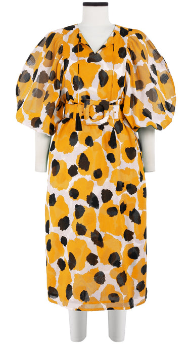 Anastasia Dress Crew Neck Slit 3/4 Puff Sleeve with Hamilton Belt Midi Length Cotton Musola (Giraffe Dot)
