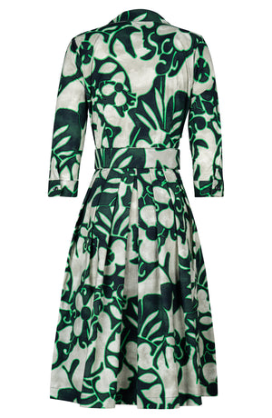 Audrey Dress #1 Shirt Collar 3/4 Sleeve Long Length Cotton Stretch (Giungla Flower)