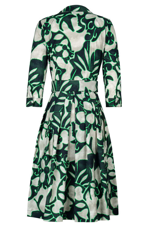 Audrey Dress #1 Shirt Collar 3/4 Sleeve Long Length Cotton Stretch (Giungla Flower)