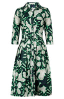 Audrey Dress #1 Shirt Collar 3/4 Sleeve Long Length Cotton Stretch (Giungla Flower)