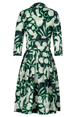 Audrey Dress #1 Shirt Collar 3/4 Sleeve Long Length Cotton Stretch (Giungla Flower)