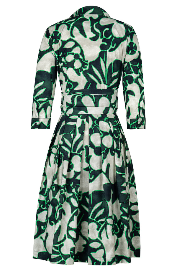 Audrey Dress #1 Shirt Collar 3/4 Sleeve Long Length Cotton Stretch (Giungla Flower)