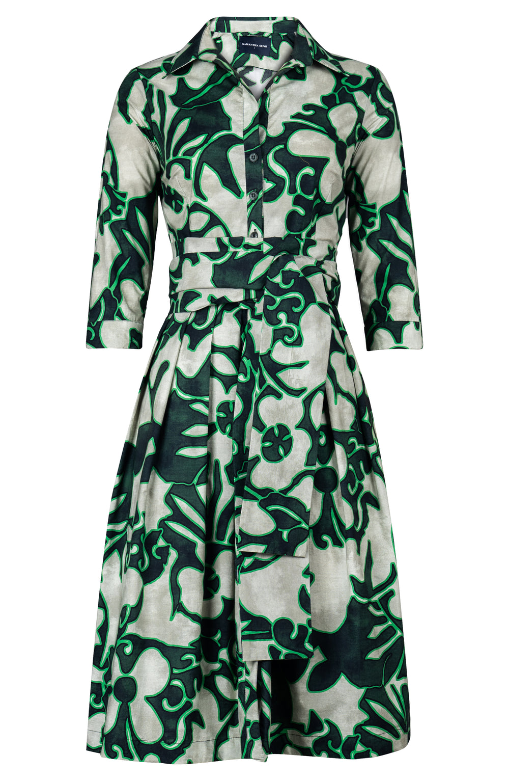 Audrey Dress #1 Shirt Collar 3/4 Sleeve Long Length Cotton Stretch (Giungla Flower)