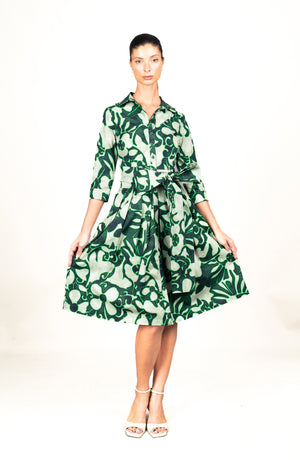 Audrey Dress #1 Shirt Collar 3/4 Sleeve Long Length Cotton Stretch (Giungla Flower)