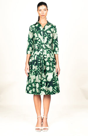 Audrey Dress #1 Shirt Collar 3/4 Sleeve Long Length Cotton Stretch (Giungla Flower)