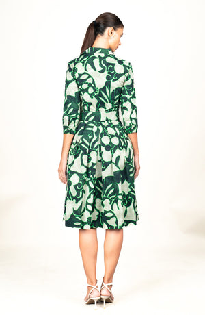 Audrey Dress #1 Shirt Collar 3/4 Sleeve Long Length Cotton Stretch (Giungla Flower)