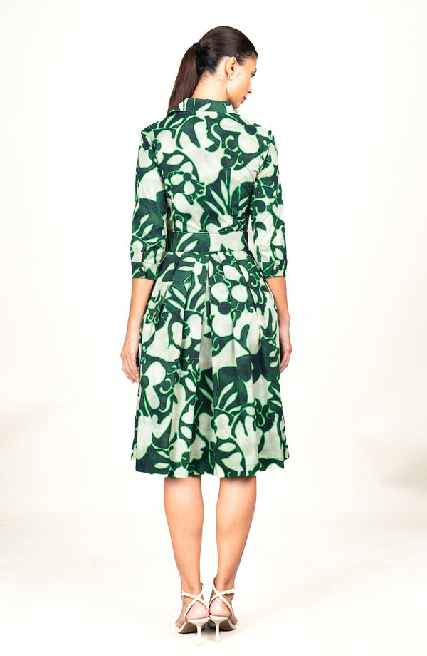 Audrey Dress #1 Shirt Collar 3/4 Sleeve Long Length Cotton Stretch (Giungla Flower)