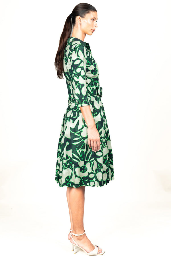Audrey Dress #1 Shirt Collar 3/4 Sleeve Long Length Cotton Stretch (Giungla Flower)