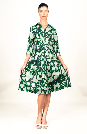 Audrey Dress #1 Shirt Collar 3/4 Sleeve Long Length Cotton Stretch (Giungla Flower)