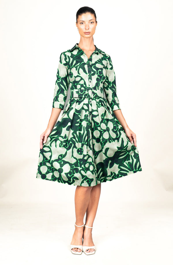 Audrey Dress #1 Shirt Collar 3/4 Sleeve Long Length Cotton Stretch (Giungla Flower)