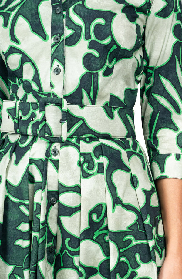 Audrey Dress #1 Shirt Collar 3/4 Sleeve Long Length Cotton Stretch (Giungla Flower)