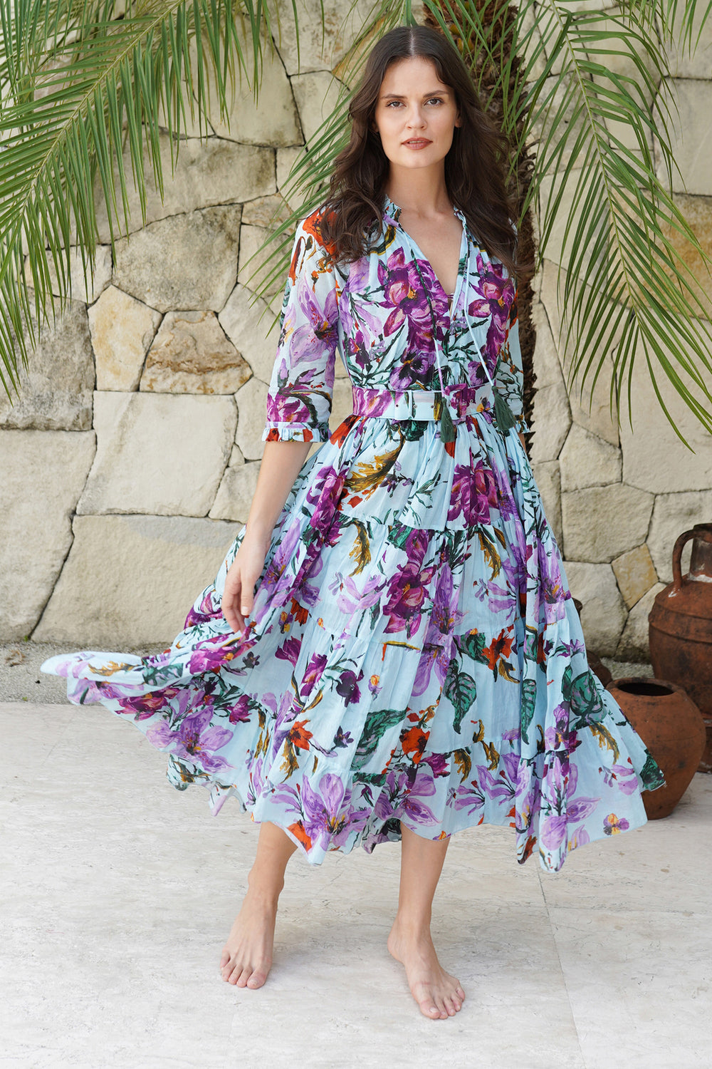 Aster Dress Shirt Collar 3/4 Sleeve Midi Length Cotton Musola (Gogh Summer)