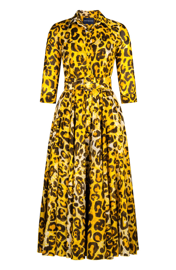 Aster Dress Shirt Collar 3/4 Sleeve Midi Plus Length Cotton Musola (Gold Tiger)
