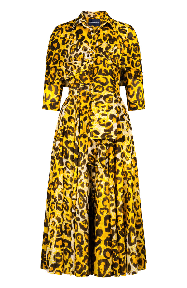 Aster Dress Shirt Collar 3/4 Sleeve Midi Plus Length Cotton Musola (Gold Tiger)
