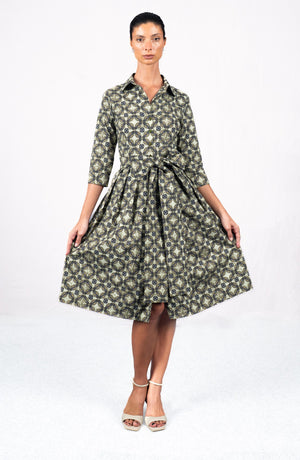 Audrey Dress #1 Shirt Collar 3/4 Sleeve Long Length Cotton Stretch (Gotico Beige)