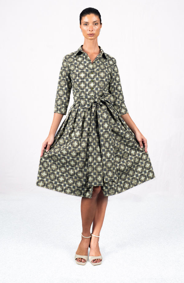 Audrey Dress #1 Shirt Collar 3/4 Sleeve Long Length Cotton Stretch (Gotico Beige)