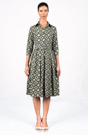 Audrey Dress #1 Shirt Collar 3/4 Sleeve Long Length Cotton Stretch (Gotico Beige)
