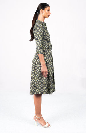 Audrey Dress #1 Shirt Collar 3/4 Sleeve Long Length Cotton Stretch (Gotico Beige)