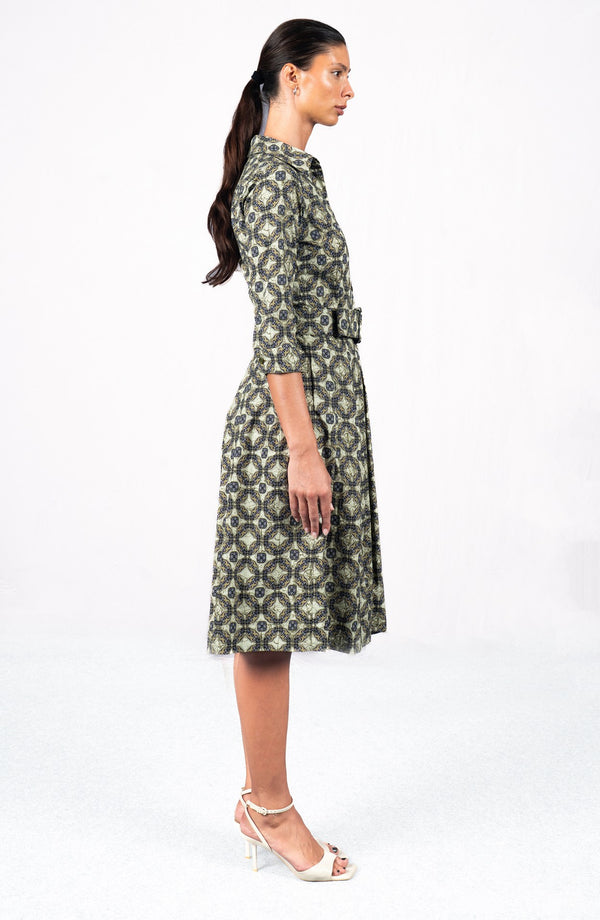 Audrey Dress #1 Shirt Collar 3/4 Sleeve Long Length Cotton Stretch (Gotico Beige)