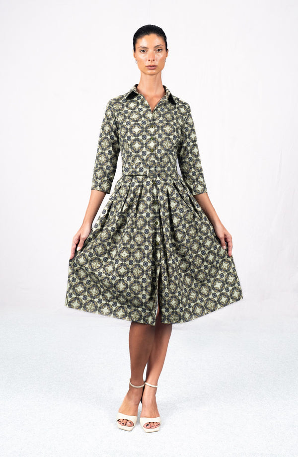Audrey Dress #1 Shirt Collar 3/4 Sleeve Long Length Cotton Stretch (Gotico Beige)