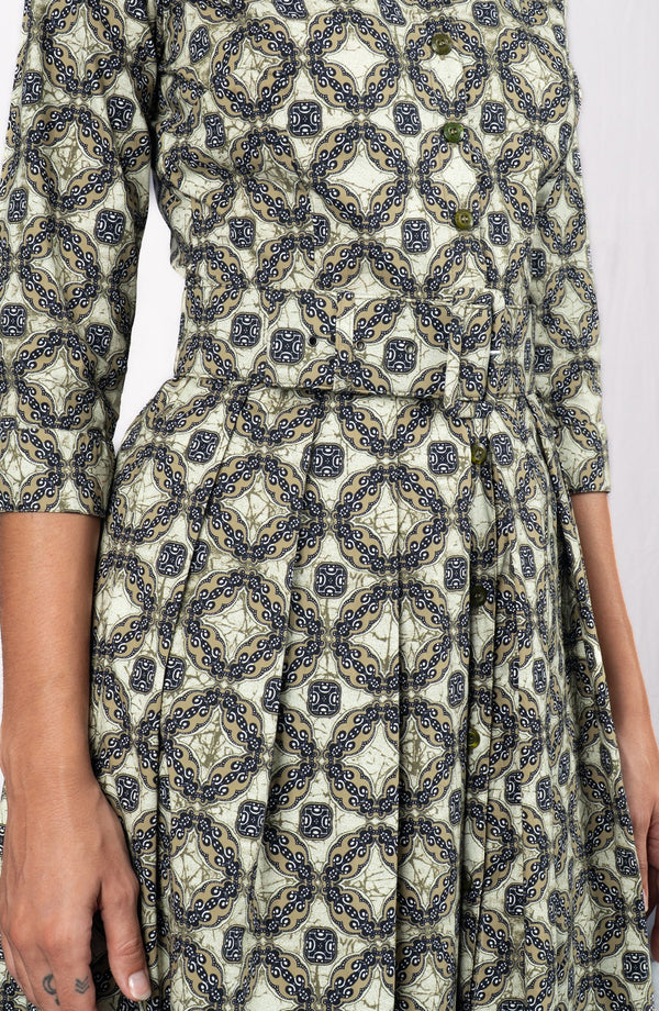 Audrey Dress #1 Shirt Collar 3/4 Sleeve Long Length Cotton Stretch (Gotico Beige)