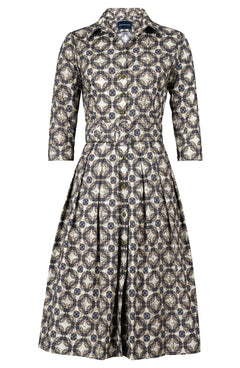 Audrey Dress #1 Shirt Collar 3/4 Sleeve Long Length Cotton Stretch (Gotico Beige)