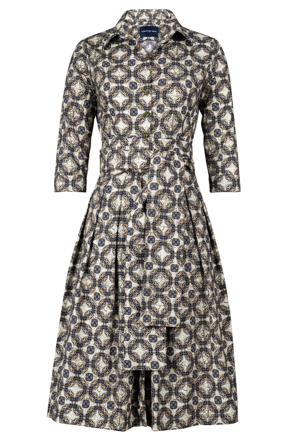Audrey Dress #1 Shirt Collar 3/4 Sleeve Long Length Cotton Stretch (Gotico Beige)