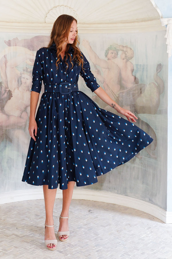 Terry Dress Shirt Collar 3/4 Sleeve Midi Plus Length Poliamide Taffta (Grading Dots)