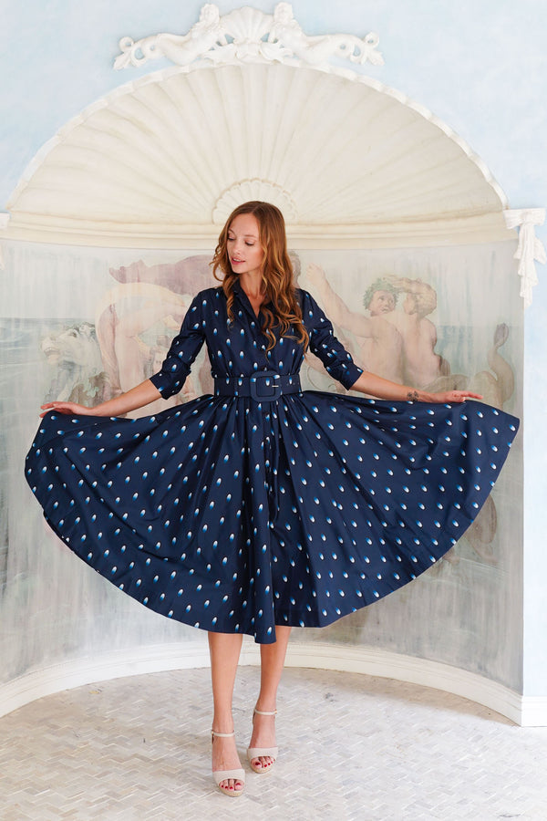 Terry Dress Shirt Collar 3/4 Sleeve Midi Plus Length Poliamide Taffta (Grading Dots)