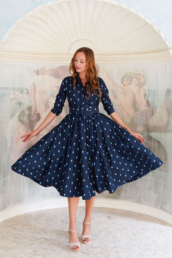 Terry Dress Shirt Collar 3/4 Sleeve Midi Plus Length Poliamide Taffta (Grading Dots)