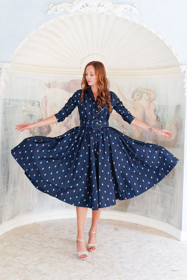 Terry Dress Shirt Collar 3/4 Sleeve Midi Plus Length Poliamide Taffta (Grading Dots)